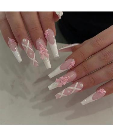 Nail Tips False Nails Tips Art Press on Nails False Nails Long Coffin with Rhinestones French Design Wearable Fake Nails Press on Nails Tips(36)