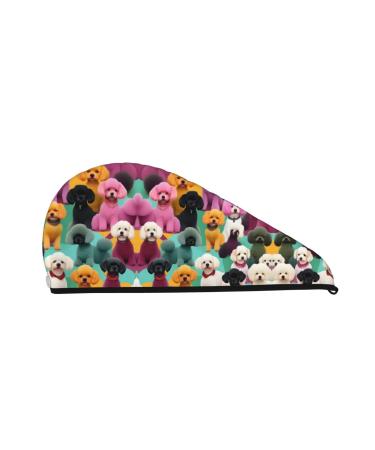 Poodles Dogs Coral Velvet Dry Hair Cap Caps with Buttons for Drying Curly Long & Thick Hair Anti Frizz