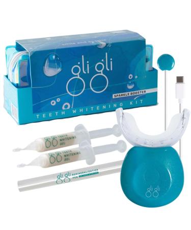 Sparkle Booster Teeth Whitening Kit - 2 x 5ml Pap Whitening Gel Syringes - Includes Rechargeable LED Whitening Device Shade Guide & Remineralization Pen - 10 to 15 Days Treatment