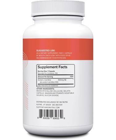 NUI NUTRA Acetyl L-Carnitine Supplement 500mg - 150 Capsules for Energy & Metabolism Support - Buy Online on GoSupps.com