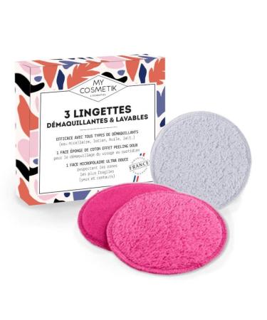 Pack of 3 washable make-up remover wipes - Guaranteed French Origin - 100% cotton terry side and 100% polyester microfleece side - MY COSMETIK - Pack of 3