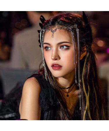 Chinese Retro Tassel Headpiece for Women - Rhinestone Festival Hairpin with Crystal Water Drop Tassels and Face Curtain Eyebrow Pendant in Silver - Buy Online on GoSupps.com