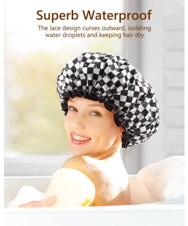 mikimini Reusable Waterproof Double Layer Shower Cap for Women - XL Checkerboard - Non-Fading & Stretchy - Ideal for Long Hair - 1 Pack - Buy Online on GoSupps.com