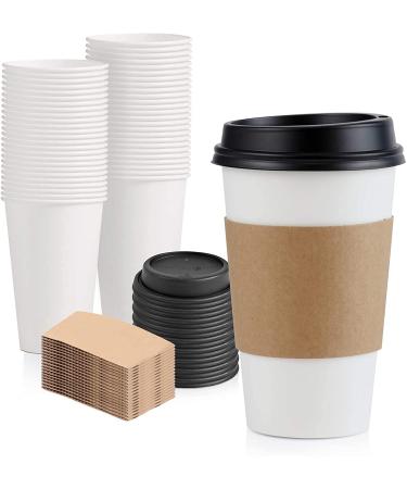 50 Pack 16 oz Hot Beverage Disposable White Paper Coffee Cup with Black Dome Lid and Kraft Sleeve Combo, Medium Grande 16.0 ounces 50