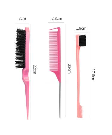 3 Pieces Sleek Bun Brush Set - Double Edge Teasing Hairbrush & Rat Tail Comb for Women Children | Pink - Perfect for Hairdressers - International Shipping Available - Buy Online on GoSupps.com