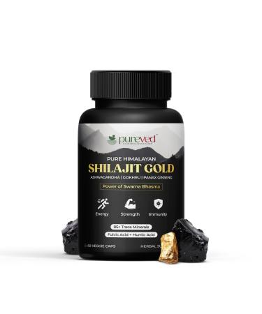 Pureved Pure Himalayan Shilajit Gold 60 Veg Capsules | with Panax Ginseng Ashwagandh & Gokhru | for Energy Strength & Immunity