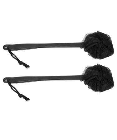 SOLUSTRE 2pcs Black Long Handle Back Loofah Shower Brush Back Scrubber for Shower Soft Nylon Mesh Back Cleaner Washer Bath Sponge Brush with Handle PE Soft Mesh Exfoliating Lufas for Men Women