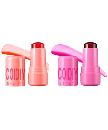 2 PCs Water Jelly Tint Jelly Blush Multi-Fewe Cheek and Lip Stain Water Jelly Blush Lip Gloss Moist Watercolor Effect Jelly Tint Stick Vivid Color Cruelty Free (Spritz & Burst)