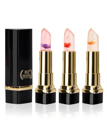 Natuce 3pcs/Set Flower Jelly Lipstick Set, Magic Color Changing Jelly Lipstick Flowers Transparent Lip Balm, Long Lasting Moisturizer Waterproof Lip Balm