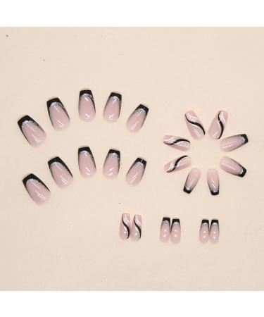 24PCS Black French Tip Press on Nails - Medium Length Square Fake Nails with Silver Glitter | Glossy Coffin Nail Tips for Women - Full Cover Acrylic False Nails A-6 - Buy Online on GoSupps.com