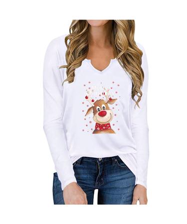 mnevn Women's Reindeer Print Tops Christmas Long Sleeve Xmas Graphic T-Shirts Sexy V Neck Raglan Sweatshirts Pullover Small White