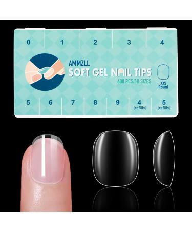 AMMZLL 600Pcs Extra Extra Short Round Gel x Nail Tips  Clear Fake Nails  XXS Round Soft Full Cover Nail Tips for Soak Off Nail Extensions  10 Sizes with Refills Size 4&5 Total of 600 PCS