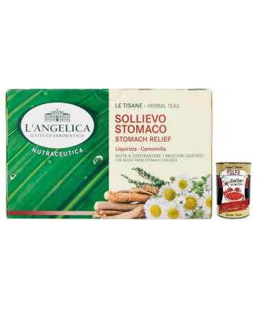 Italian Gourmet E.R. Angelica Tisana Sollievo Stomaco a remedy for heartburn herbal tea with a blend of licorice and chamomile pack of 20 filters + Italian Gourmet Polpa di Pomodoro 400g