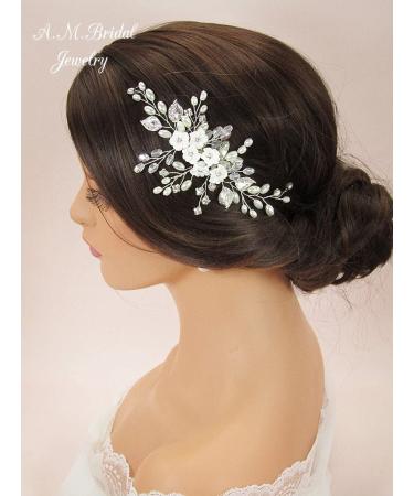 Edary Silver Flower Bridal Hair Comb Pearl & Crystal Hairpiece for Weddings | Elegant Leaf Accessories for Women & Girls - Buy Online on GoSupps.com