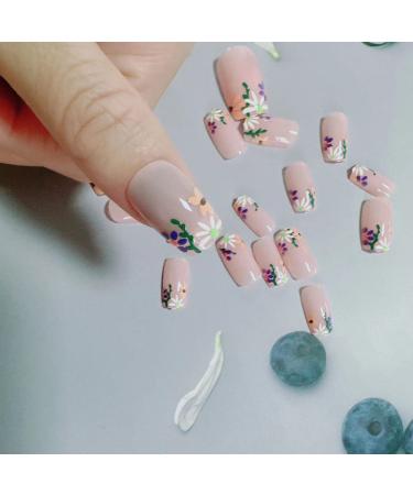 Short Simple Flower Almond Fake Nails with Purple Daisy Design - 24PCS - Buy Online on GoSupps.com