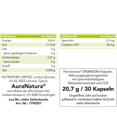 Aura Natura Fermentura Spermidine - Triple Formula with Spermidine Q10 & Fermented Wheatgrass - 30 Capsules for Daily Wellness - Buy Online on GoSupps.com