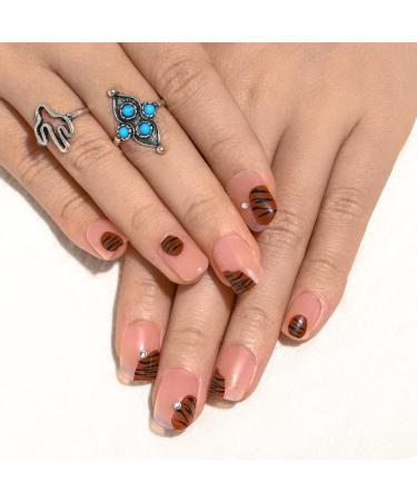 Sethexy Bling False Nails - Strass Tiger Stripe Pink Square Acrylic Nails (24 pcs) for Women & Girls | Trendy Short Fingernails - Buy Online on GoSupps.com