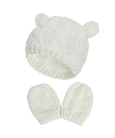 XYIYI Newborn Baby Winter Beanie Hat Mitten Set Infant Toddler Warm Knitted Hat Glove Set for Boys Girls 0-3 Months White