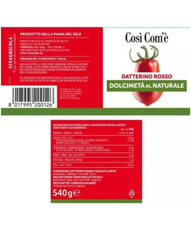 Cos Com' Datterino Rosso Dolcimet al Naturale Set of 12 Natural Red Tomatoes Italian Tomatoes 540 g Glass + Gourmet Pulp of Tomatoes Box 400 g - Buy Online on GoSupps.com