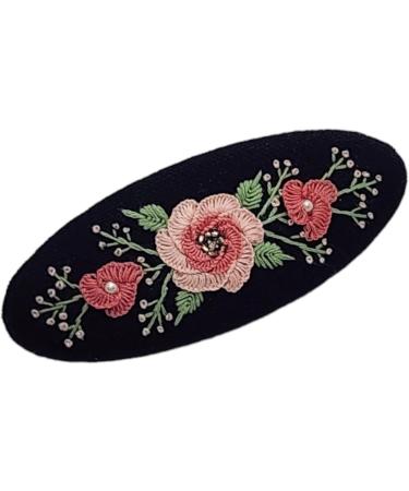 Rose Flower Pattern Embroidered Oval-Shaped French Hair Barrette Clips Poppy Flower Design Fashion Embroidered Cute Hair Clips Colorful Embroidered Hair Barrettes for Girls and Women (Black 1) - Buy Online on GoSupps.com