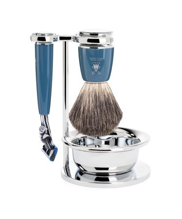 M HLE Rytmo shaving set - 3 pieces compatible with Gillette blades brush made of pure badger hair holder with bowl precious resin handle petrol
