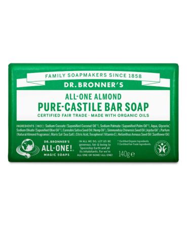 Dr Bronner's 3-in-1 Almond Pure Castile Bar Soap Made with Organic Oils Used for Face Body and Hair Certified Fair Trade & Vegan Friendly 140g Bar Almond 140 g (Pack of 1)