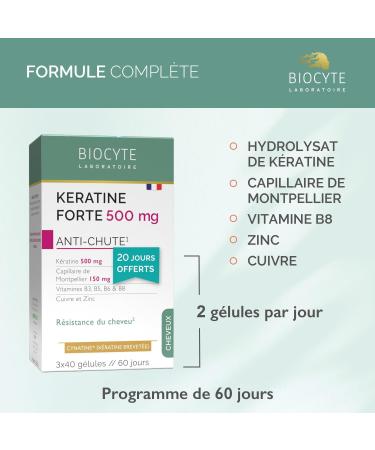 BIOCYTE Pack Keratin Forte 500mg - Food Supplement - Hair Resistance - Keratin Montpellier Capillary Vitamin B8 Zinc Copper - 120 Capsules - 60 Days - Buy Online on GoSupps.com