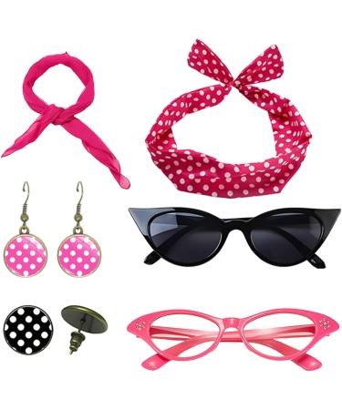 Polka Dot Headbands for Women Drop Earrings Headbands 1950s Outfi Set | Print Dangle Earrings with Vintage Hair Bands Chiffon Scarf Cat Eye Glasses Hot Pink One Size - Buy Online on GoSupps.com