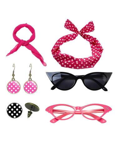 Polka Dot Headband - Headband Drop Earrings Set for 1950s Outfits - Print Dangle Earrings with Vintage Hair Bands Chiffon Scarf Cat Eye Glasses Hot Pink One Size