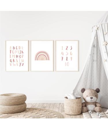 Meinbaby123 A4 Alphabet ABC Learning Posters - 3 Set for Kids' Room | Decorative Wall Art for Girls | Premium Rainbow & Number Posters in Pink - Buy Online on GoSupps.com