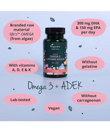 Vegavero Vegan Omega 3 ADEK Vitamins NO Additives Algae Oil DHA & EPA 60 Capsules - Buy Online on GoSupps.com