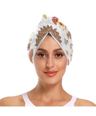 Brown Hedgehog Mushroom Hair Towel 2 Pack Super Absorbent Hair Drying Towel Quick Dry Hair Turbans Head Towel with Button Twisty Wrap for Women Girls