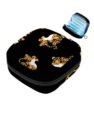 Cartoon Tiger Black Sanitary Napkin Storage Bag Menstrual Pad Bag Panty Liners Tampon Holder Feminine Product with Zipper for Teen Girls Women Ladies