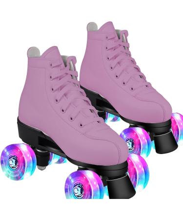 Perzcare Classic PU Leather Roller Skate Shoes - High-top Double-Row Skates for Women&Men - Indoor Outdoor Four-Wheel Shiny Skates - Beginner to Professional - Purple Flash Wheel - Size 36/UK 3 - Buy Online on GoSupps.com
