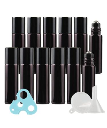 Zeoabsy 12 pieces 5ml black UV-coated essential oils roller bottles with stainless steel scooter balls glass bottles perfume bottle travel bottles for aromatherapy + 2 x funnel 1 x opener black 5ml