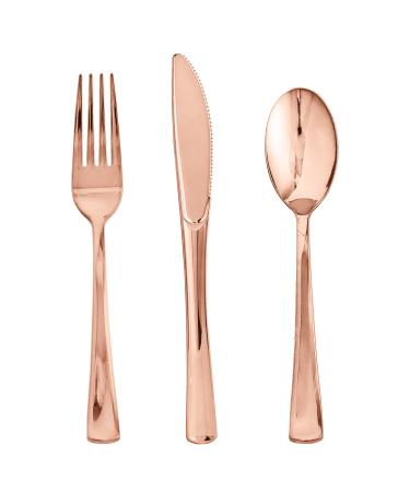 FOCUSLINE 75 Pack Rose Gold Plastic Silverware Disposable Cutlery Set - 25 Forks, 25 Knives, 25 Spoons - Disposable Flatware Heavy Duty Plastic Utensils Set for Catering, Parties, Dinners, Weddings Rose Gold Plastic Cutlery - Buy Online on GoSupps.com