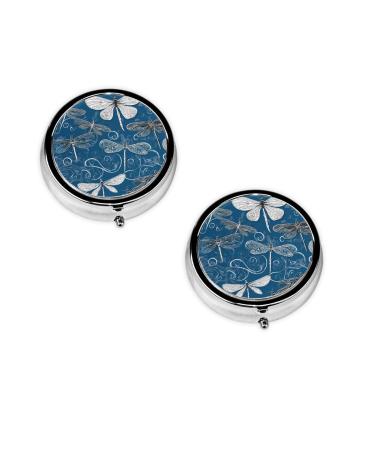 Blue Dragonfly Printed Mini Round Pill Box Pill Box 3 Compartment Medicine Pill Case Pill Organizer Travel Pillbox Portable Pill Box for Pocket Home Office Use