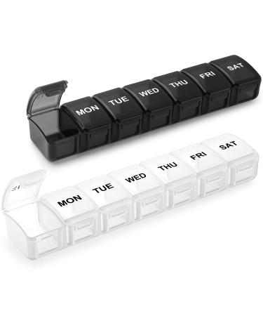 Small Pill Organizer 2 Times a Day, 2 Pack 7 Day Pill Box 1 Time a Day, Travel Friendly Day Night Vitamin Organizer, Weekly AM PM Pill Case Container Black White