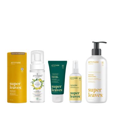 Bundle of ATTITUDE Plastic-Free Deodorant Micellar Foaming Facial Cleanser Hand Cream Hand Sanitizer and Hand Soap EWG Verified Dermatologically Tested Vegan Lemon Leaves