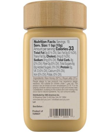 BEE & YOU Royal Jelly Raw Honey Blend - 100% Natural & Chemical Free Colors GMOs Gluten & Soy - No Hidden Ingredients - Excellent Anti Aging Skin Health & Functions - Buy Online on GoSupps.com