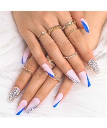 Sethexy Long Coffin False Nails - Crystal Sparkle Ballerina Acrylic Nails with Glue | 24 Premium Art Tips for Women & Girls - Buy Online on GoSupps.com