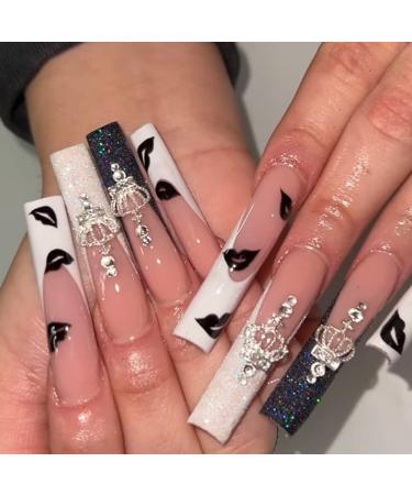 Crown Press on Nails Long Fake Nails Acrylic Ballet French Exquisite Black White Lip Print Crown Rhinestones adhesive tape on Nails Design Nails for Women and Girls 24 Pcs