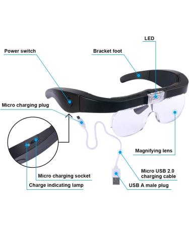 Head Magnifier Glasses with 2 LED Lights USB Charging Magnifying Eyeglasses for Reading Jewelry Craft Watch Repair Hobby  Detachable Lenses 1.5X  2.5X  3.5X 5X(Black) Headband Magnifier Glasses Usb Charging Black - Buy Online on GoSupps.com