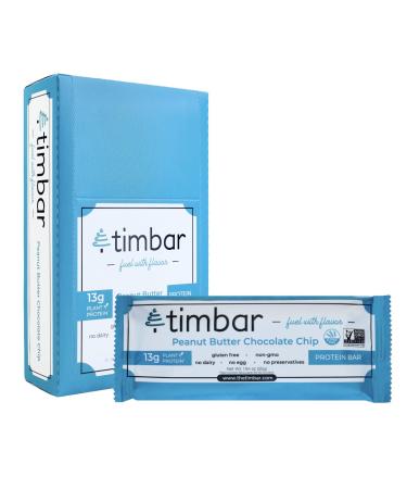 timbar Protein Bars Peanut Butter Chocolate Chip Plant Based Non-GMO Gluten Free No Dairy No Egg No Preservatives (12 Bars) - 13g of Plant Based Protein Per Bar