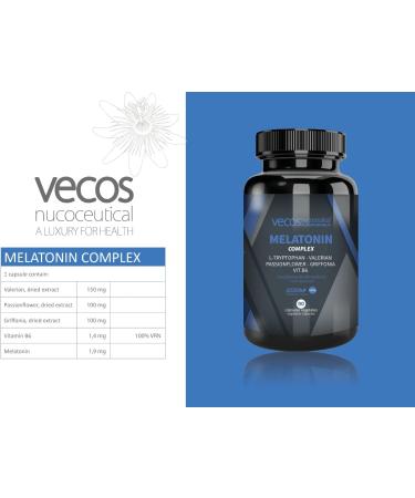 Melatonin 1.9 mg Vecos for Sleep | Supplement with L-Tryptophan Valerian Passionflower Griffonia and Vitamin B6 | 90 Vegetable Capsules | 100% Vegan - Buy Online on GoSupps.com