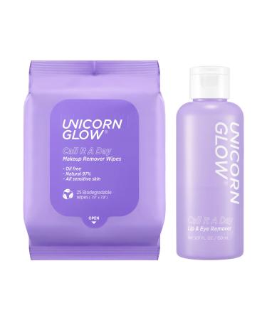 Unicorn Glow Makeup Remover Cleansing Face Wipes + LIP EYE Makeup Remover DUO - XL Oversize Biodegradable Daily Cleansing Facial Towelettes (1 EA+ Oil Free Lip Eye Makeup Remover) 1 EA+Lip Eye Makeup Remover
