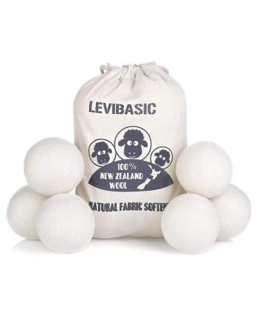 Wool Dryer Balls 6 Pack XL, 3" Genuine New Zealand Wool to Core, 100% Organic Fabric Softener Alternative, Baby Safe & Chemical Free, Reduce Wrinkles & Shorten Drying Time by LEVIBASIC (White-6pcs)