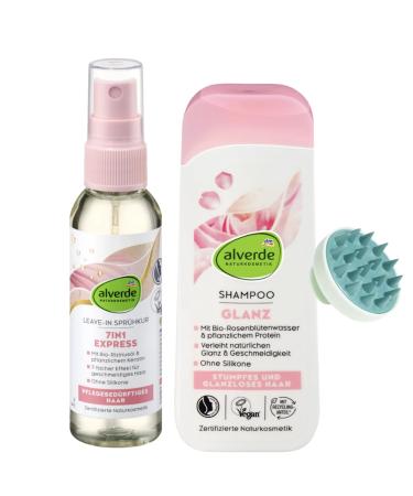 Alverde Alverde 7-in-1 Express Leave-In Spray (2 x 75ml) + Shine Shampoo with Rose Petal Water and Plant Proteins (200ml) + Bonus Scalp Massage Brush