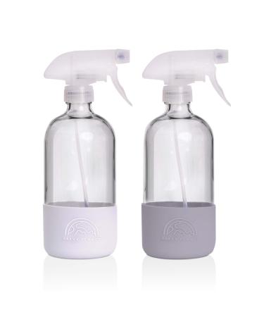 SAVVY PLANET Empty Clear Glass Spray Bottles with Silicone Sleeve Protection - Refillable 16 oz Containers for Cleaning Solutions, Essential Oils, Misting Plants - Quality Sprayer - 2 Pack White & Gray