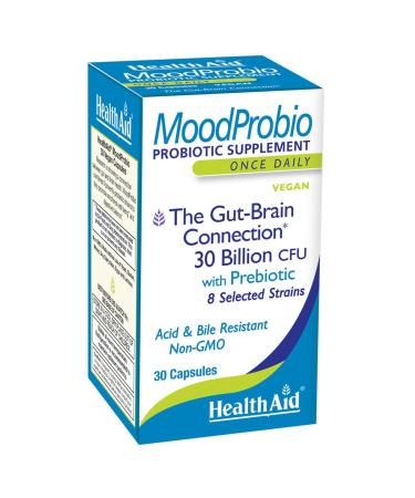 HealthAid MoodProbio 30 Ct 30 Billion CFU with Prebiotic 8 Selected Strains Once Daily Acid & Bile Resistant Gluten Dairy and GMO Free Vegan